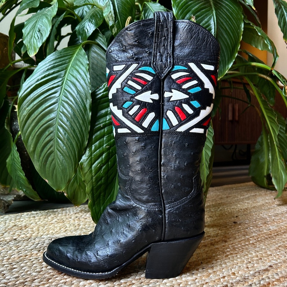 VTG 70s Paul Bond Blk Ostrich Leather Custom Handmade Southwest Cowboy Boot 6.5